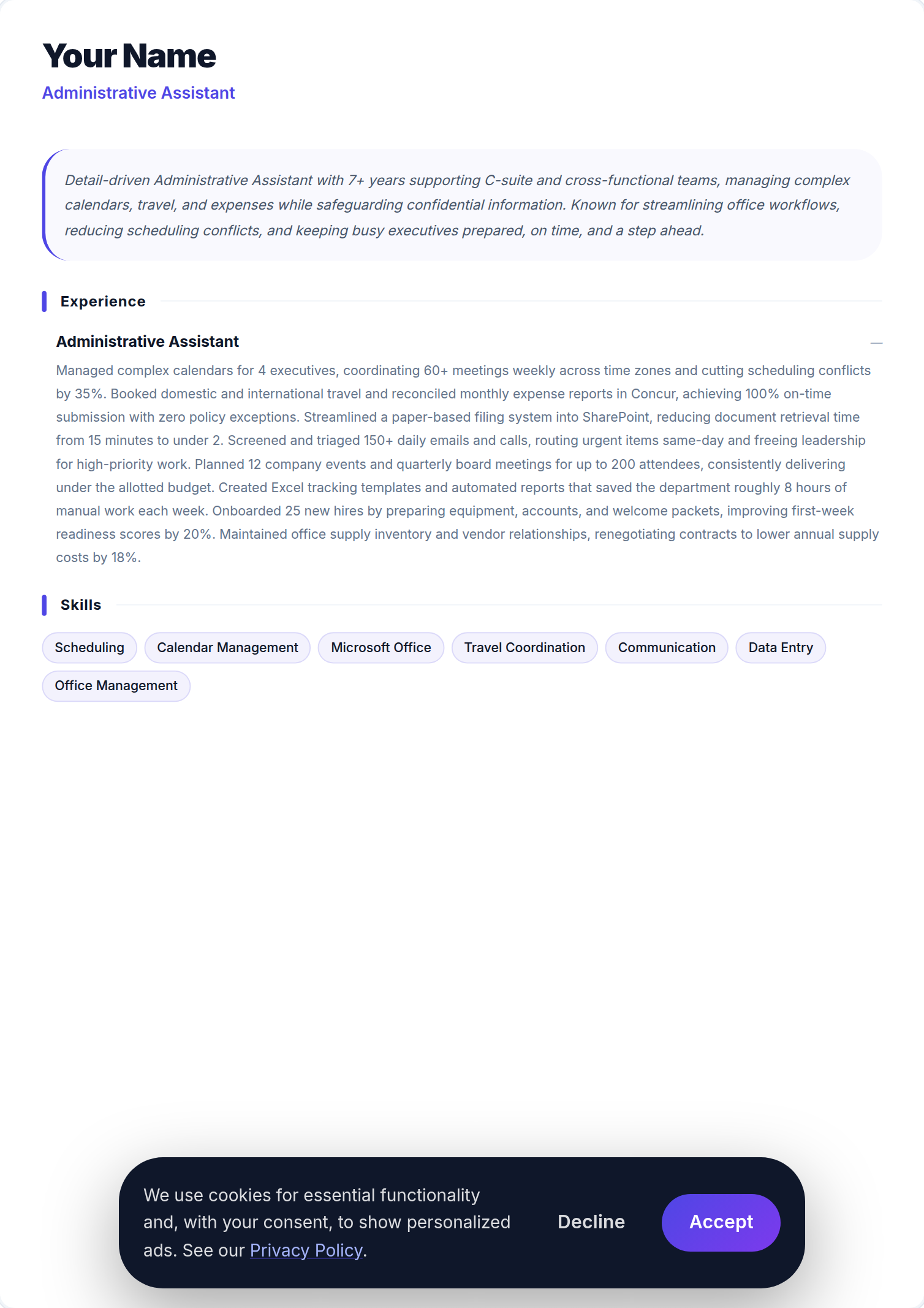 Assistente Administrativo resume example — free ATS-friendly template (2026)