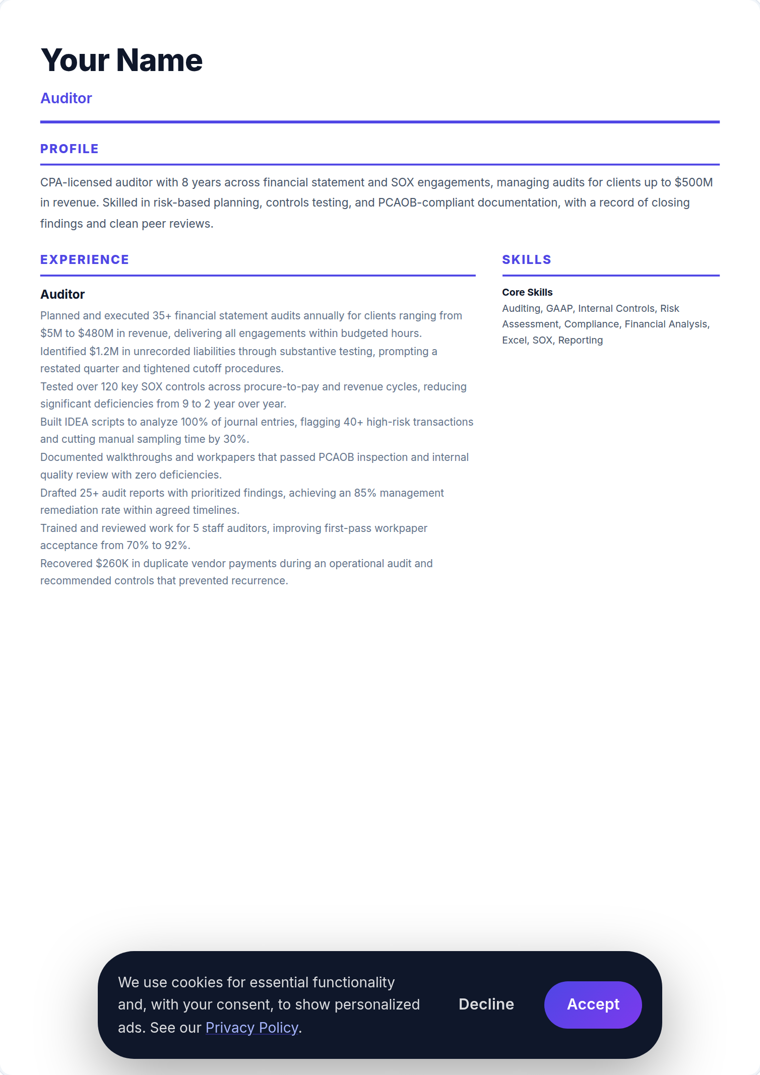 Auditor resume example — free ATS-friendly template (2026)