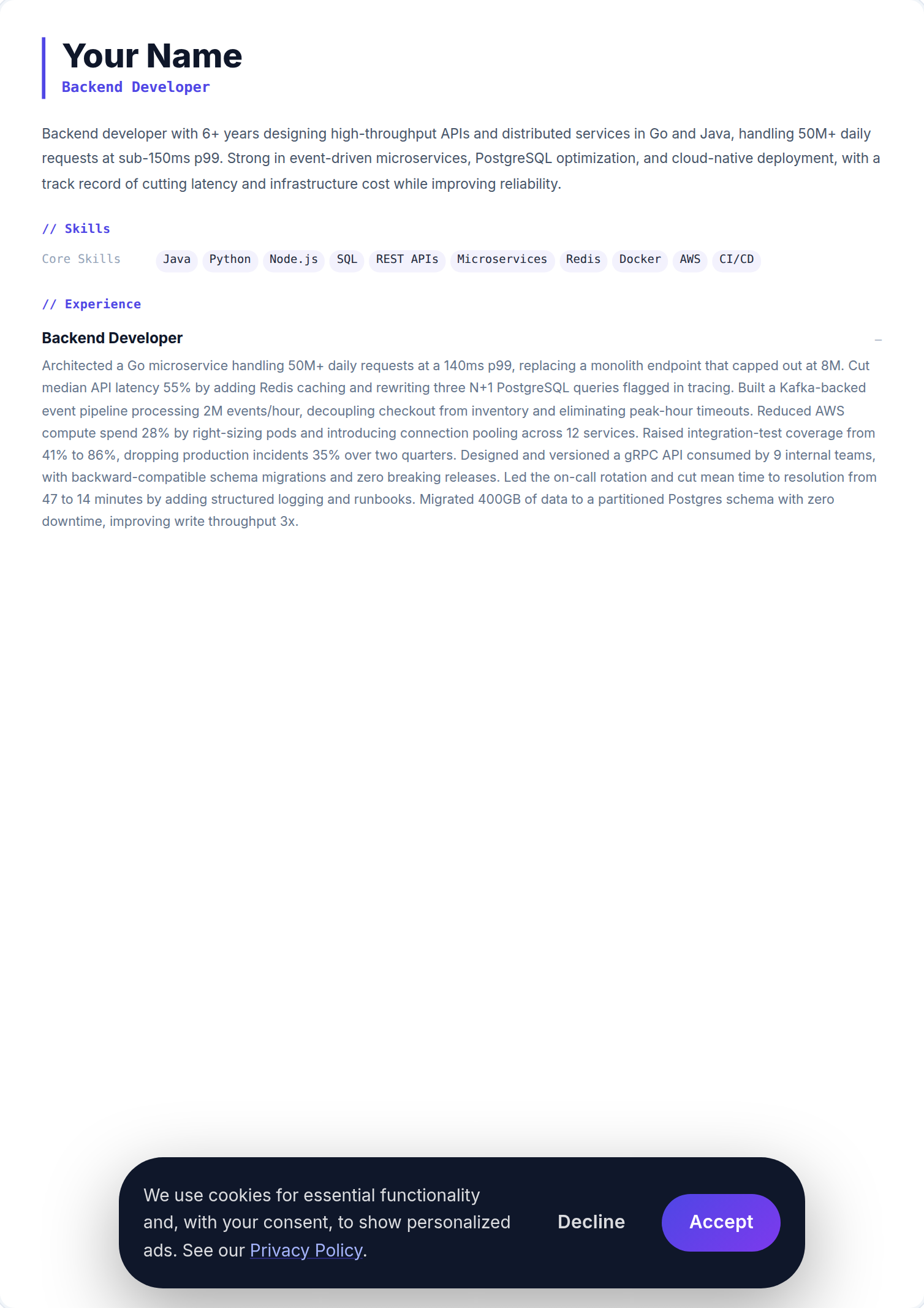 Programador Back-end resume example — free ATS-friendly template (2026)