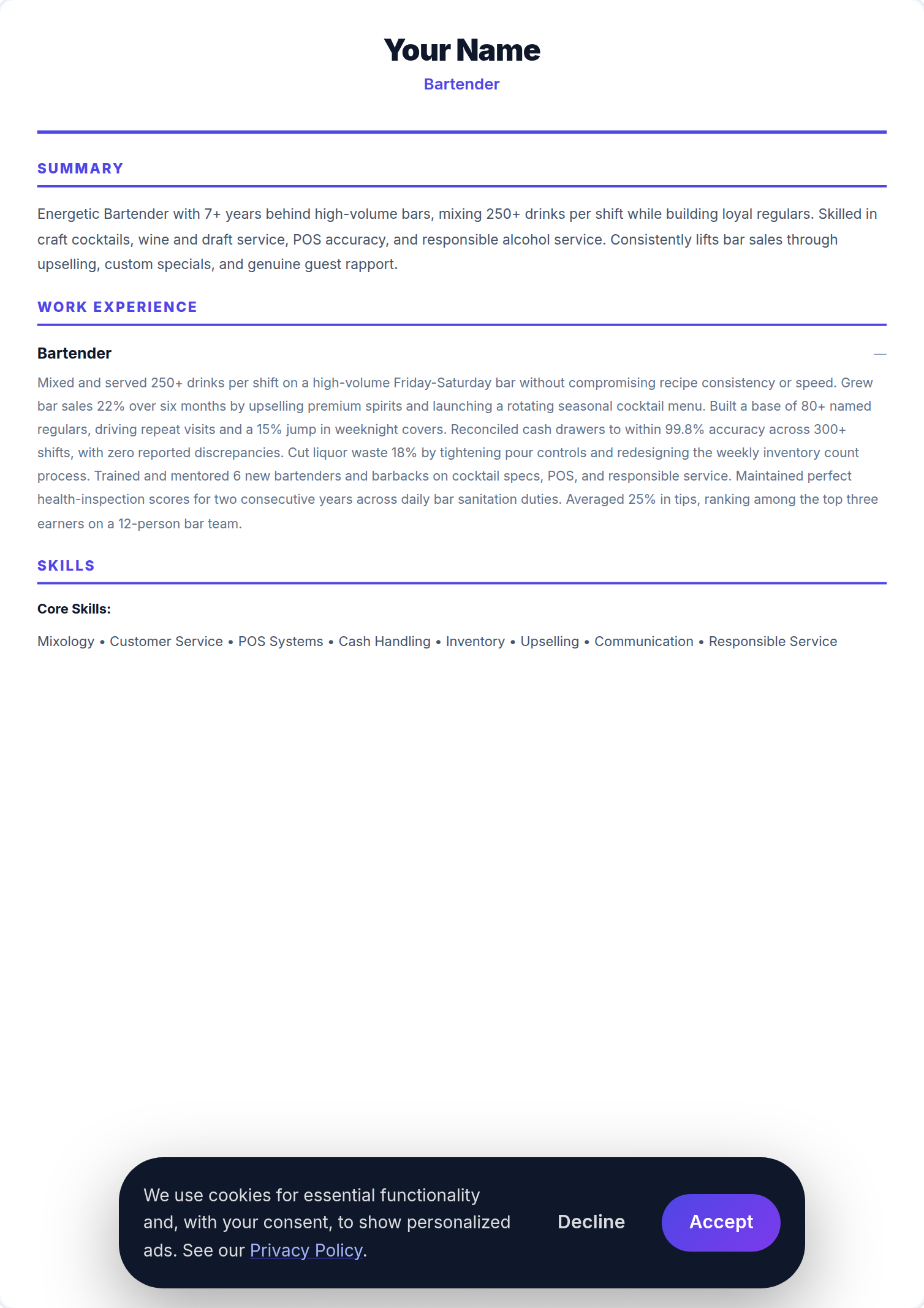 Barman resume example — free ATS-friendly template (2026)