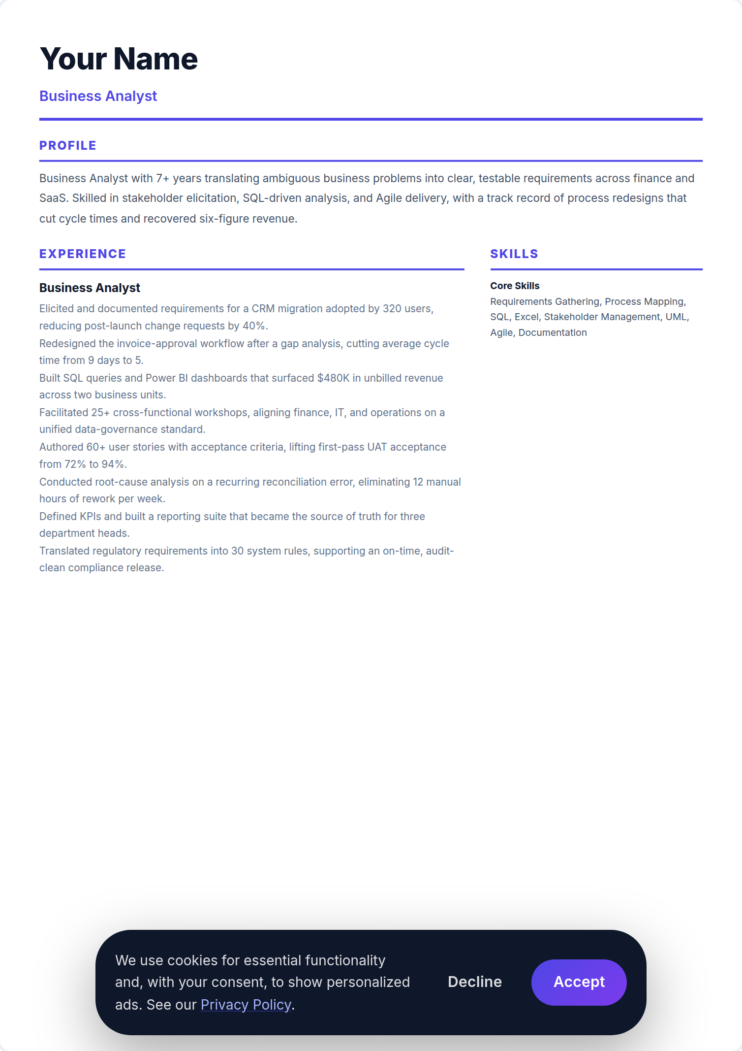 Analista de Negócio resume example — free ATS-friendly template (2026)