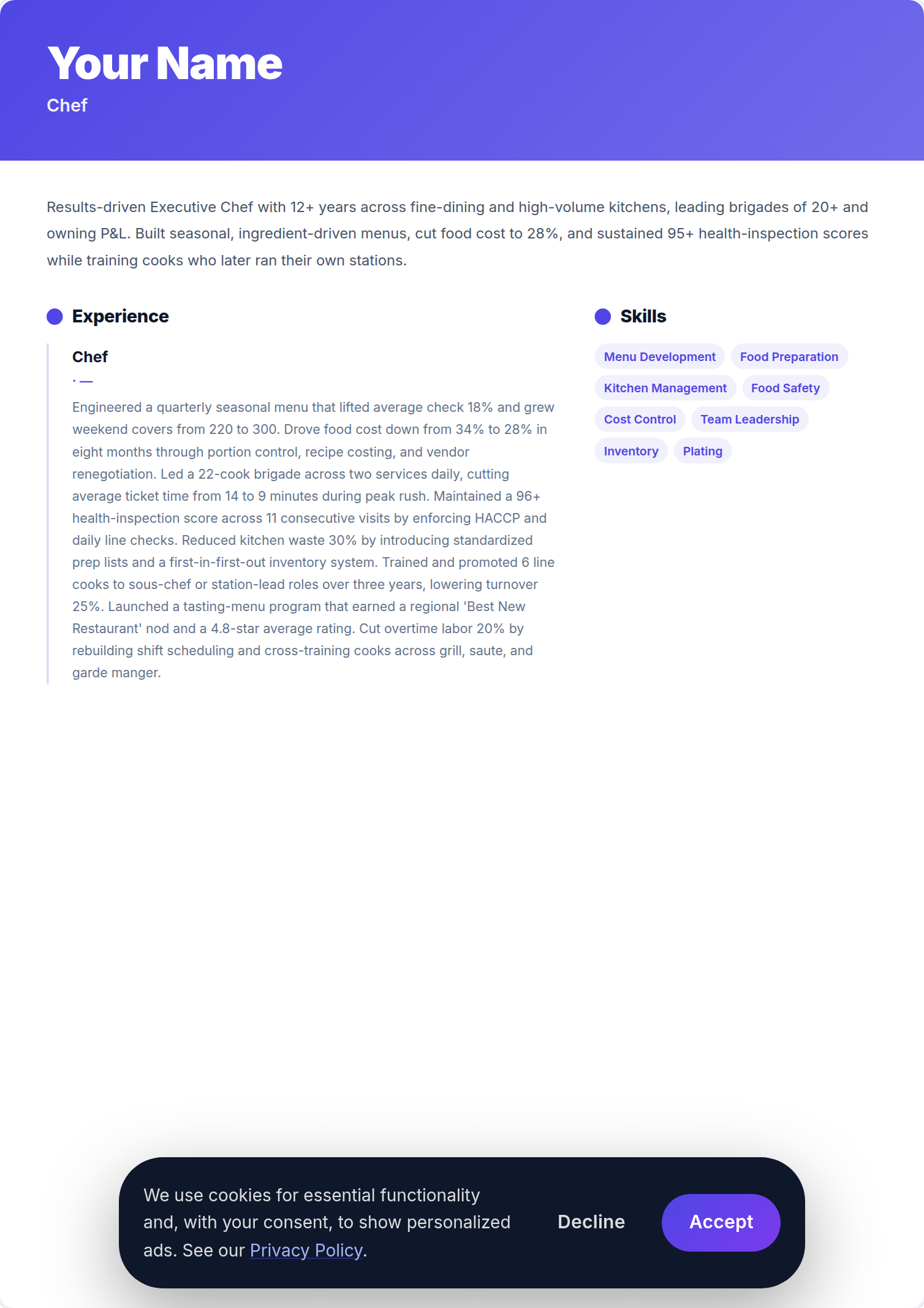 Chef de Cozinha resume example — free ATS-friendly template (2026)