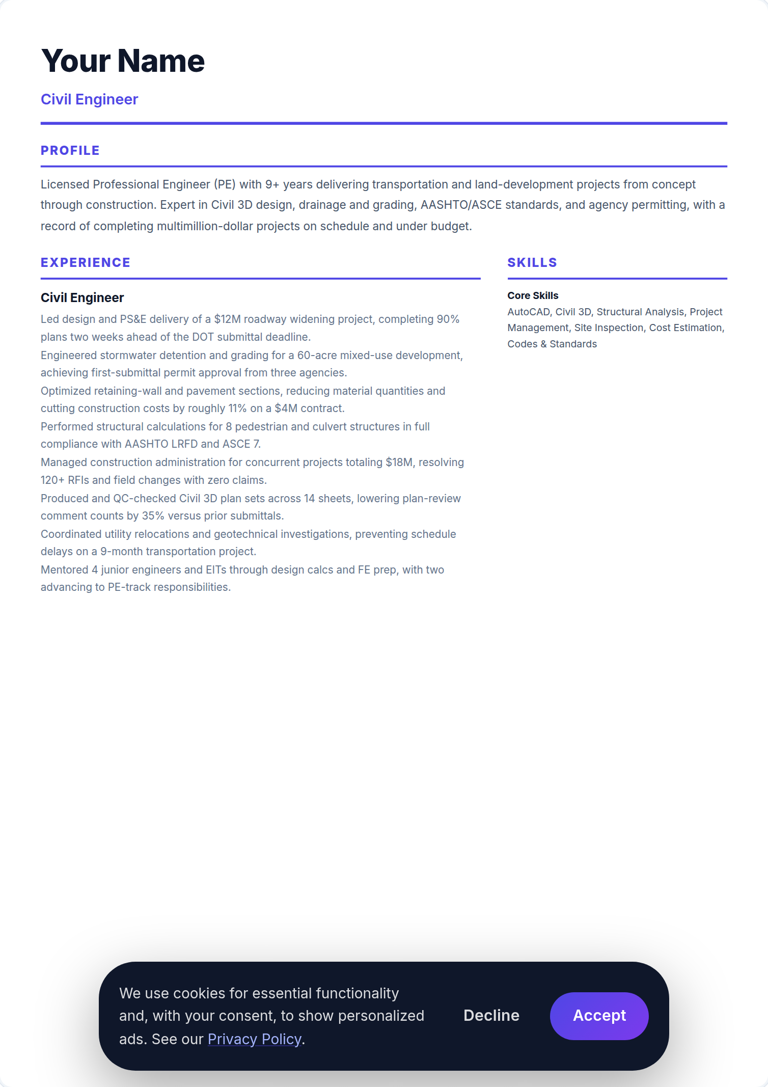 Engenheiro Civil resume example — free ATS-friendly template (2026)