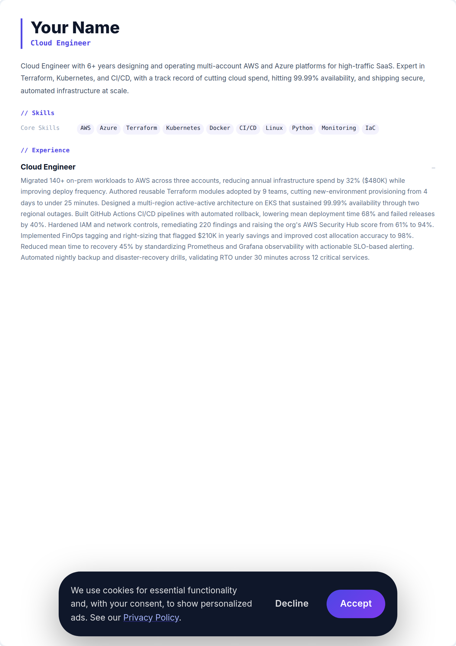 Engenheiro de Cloud resume example — free ATS-friendly template (2026)