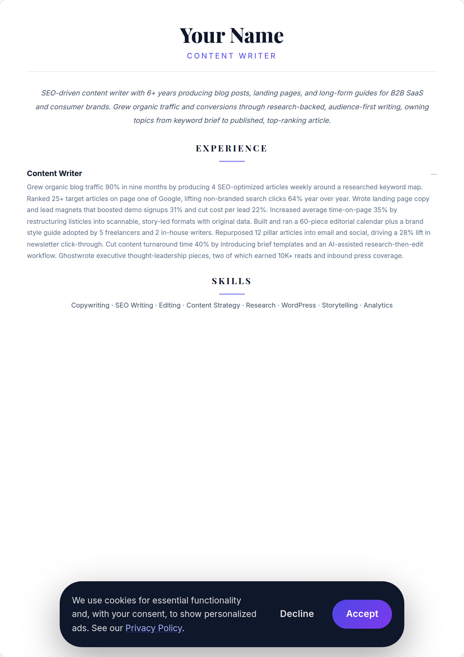 Redator de Conteúdos resume example — free ATS-friendly template (2026)