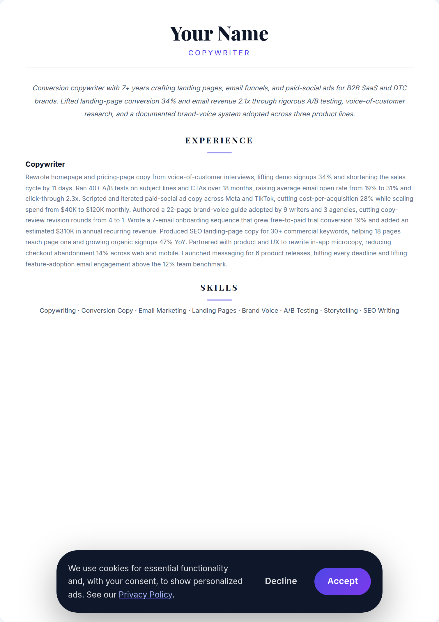 Copywriter resume example — free ATS-friendly template (2026)
