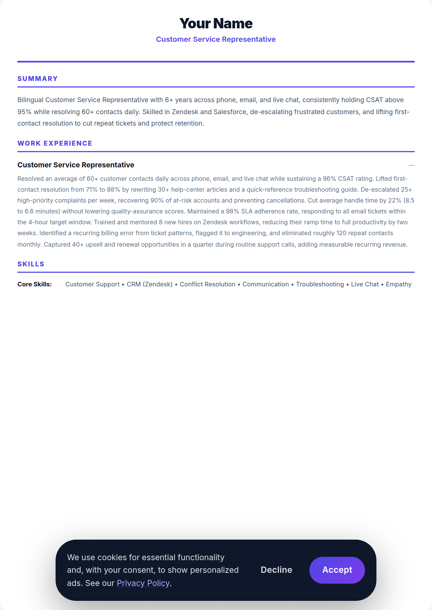 Representante de Apoio ao Cliente resume example — free ATS-friendly template (2026)