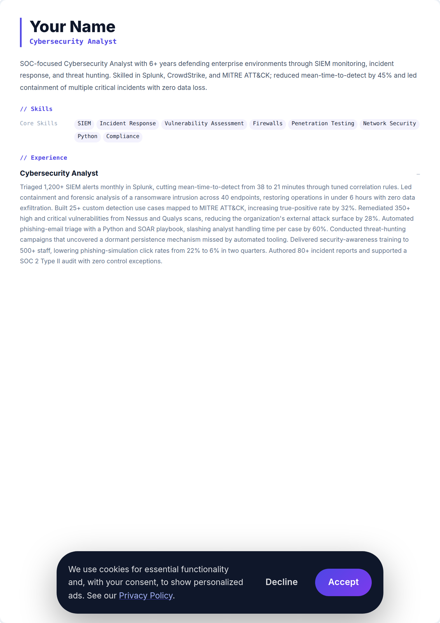 Analista de Cibersegurança resume example — free ATS-friendly template (2026)