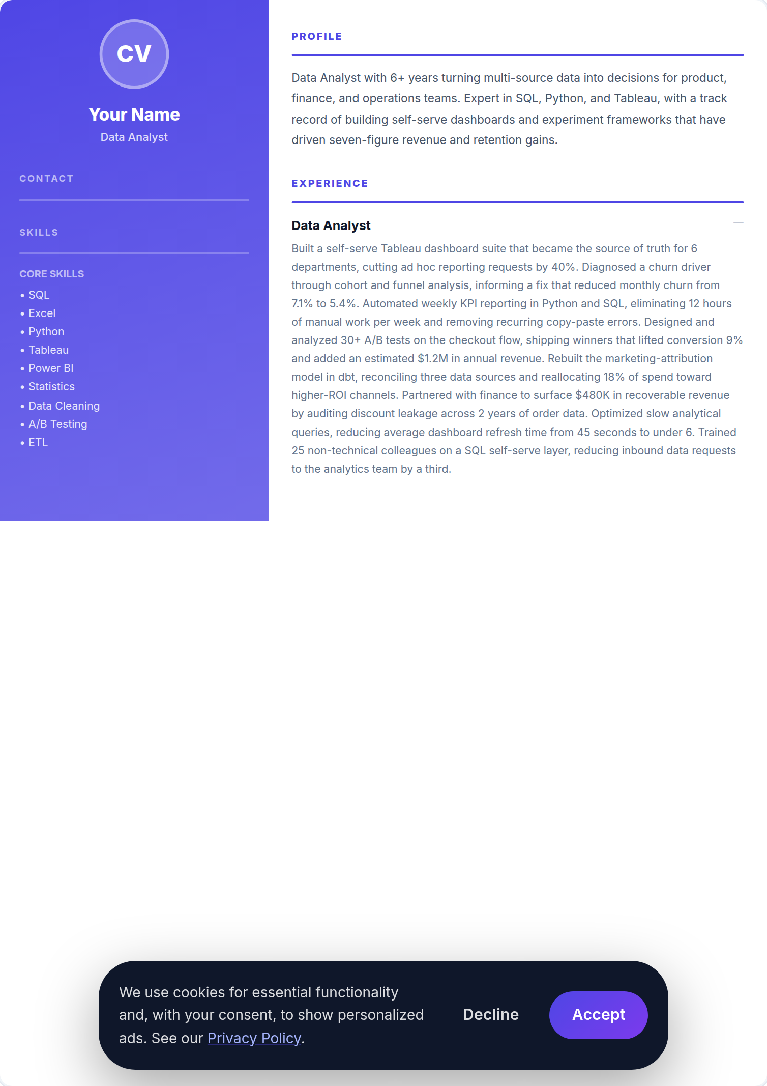 Analista de Dados resume example — free ATS-friendly template (2026)