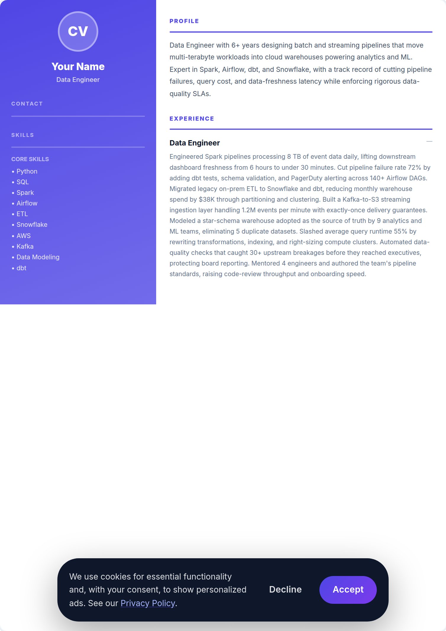 Engenheiro de Dados resume example — free ATS-friendly template (2026)