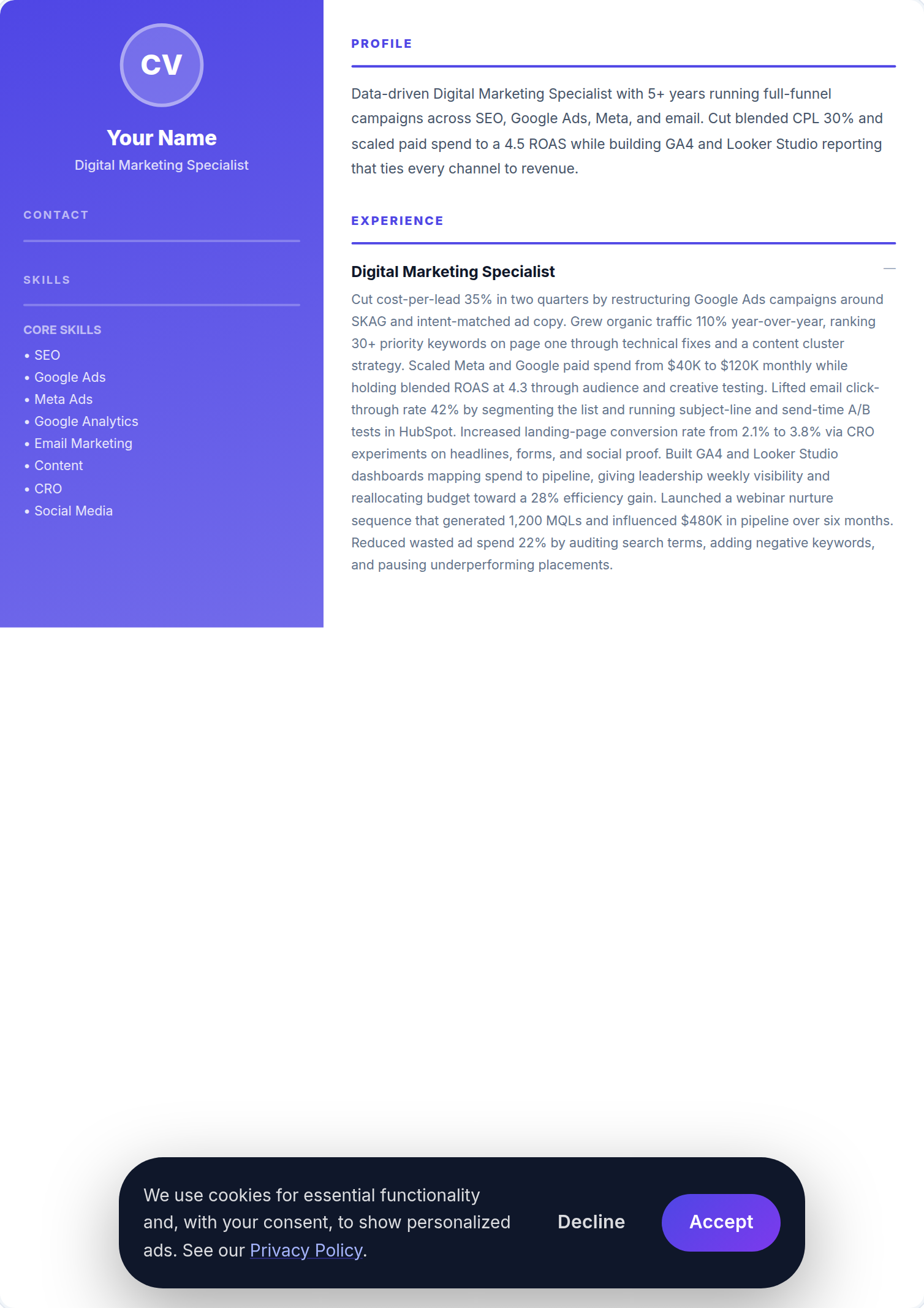 Especialista em Marketing Digital resume example — free ATS-friendly template (2026)