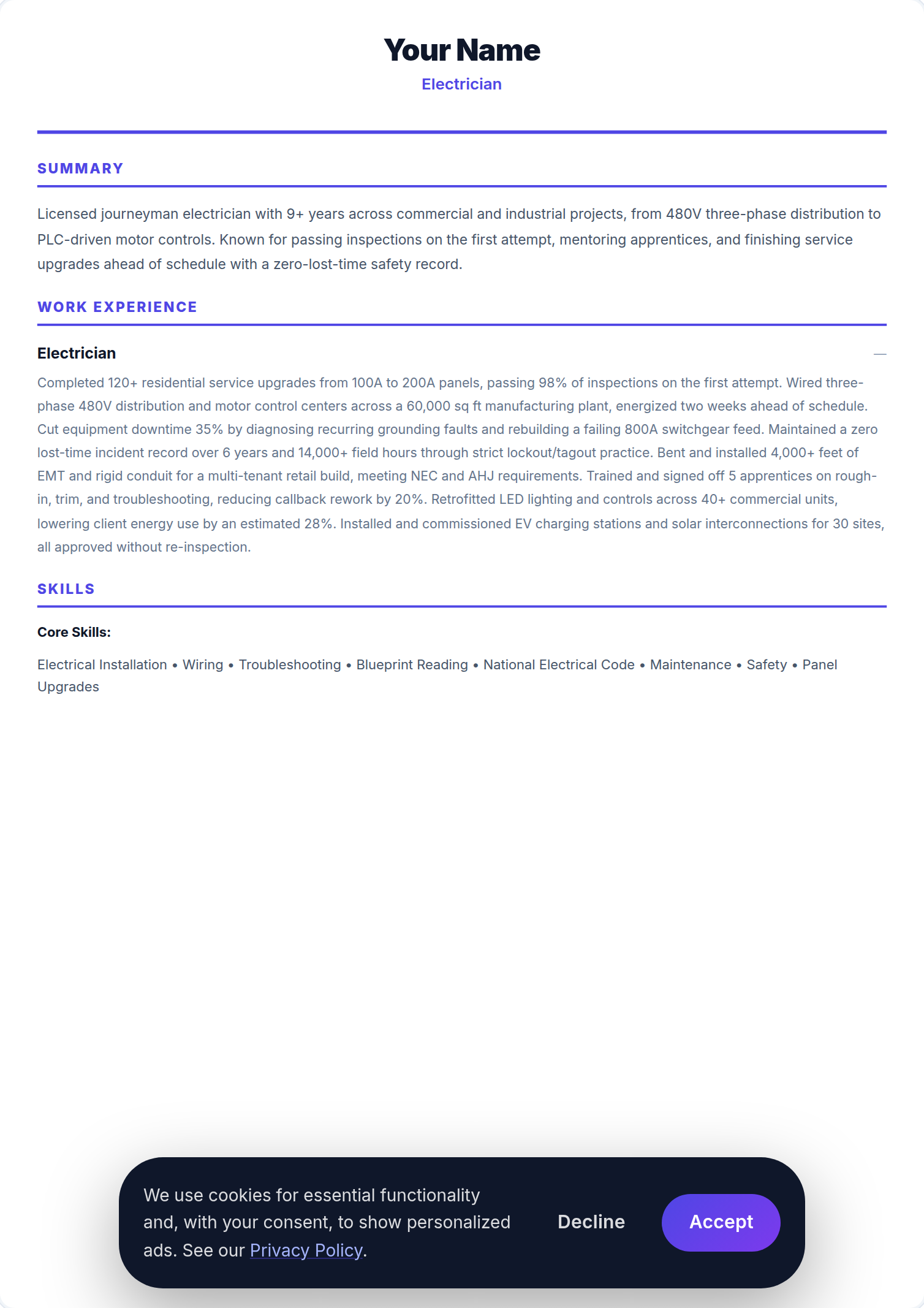 Eletricista resume example — free ATS-friendly template (2026)