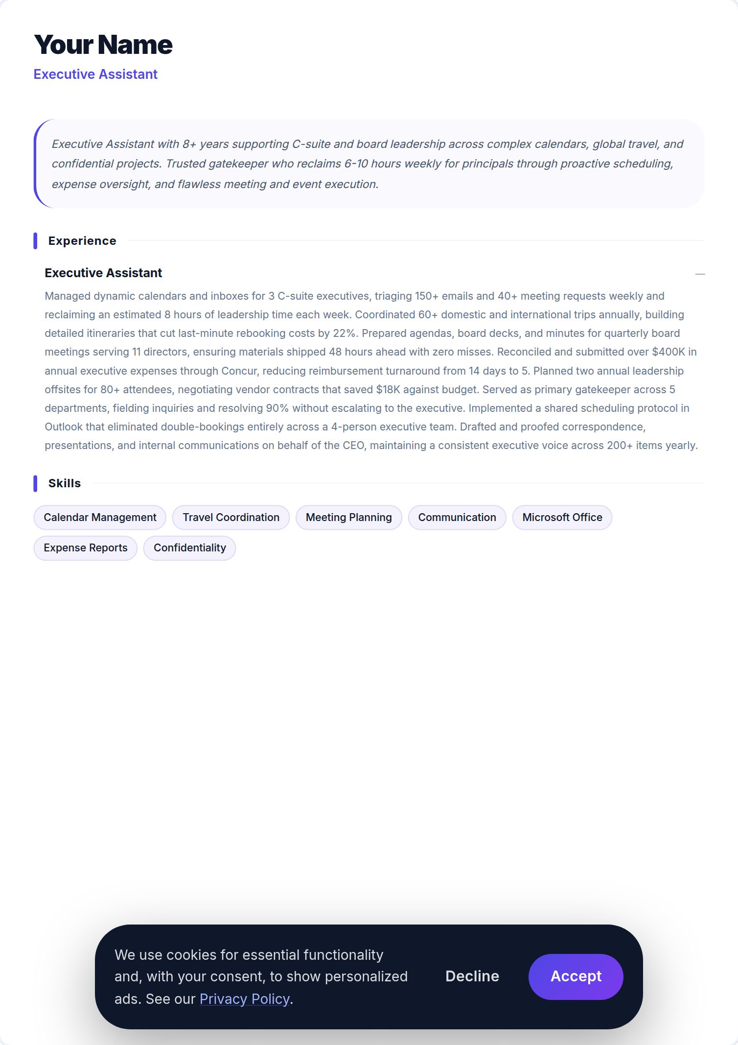 Assistente de Direção resume example — free ATS-friendly template (2026)