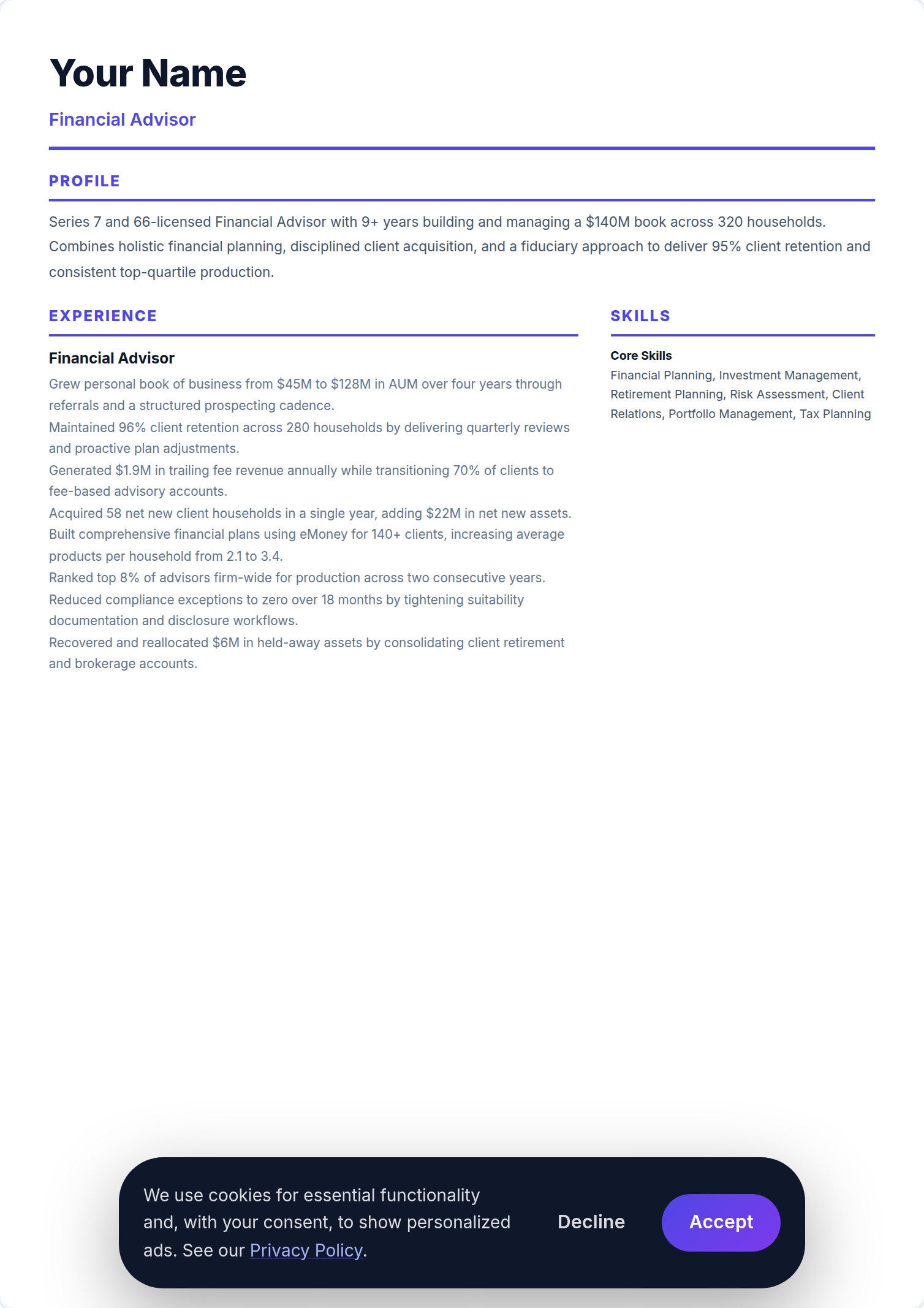 Consultor Financeiro resume example — free ATS-friendly template (2026)