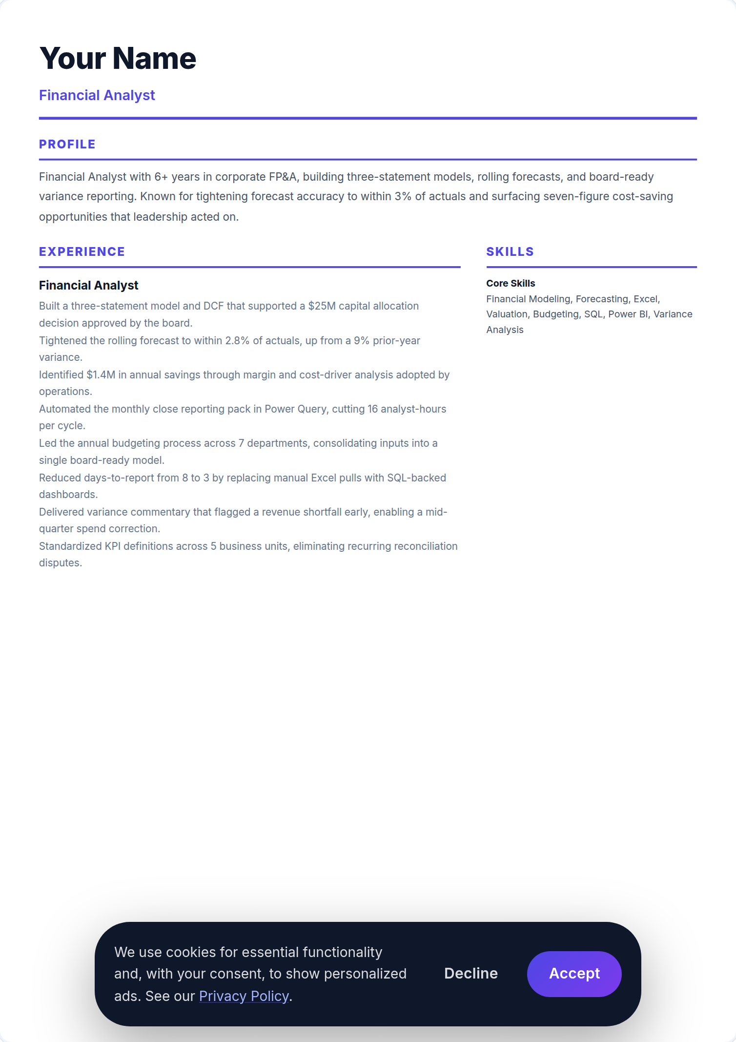 Analista Financeiro resume example — free ATS-friendly template (2026)