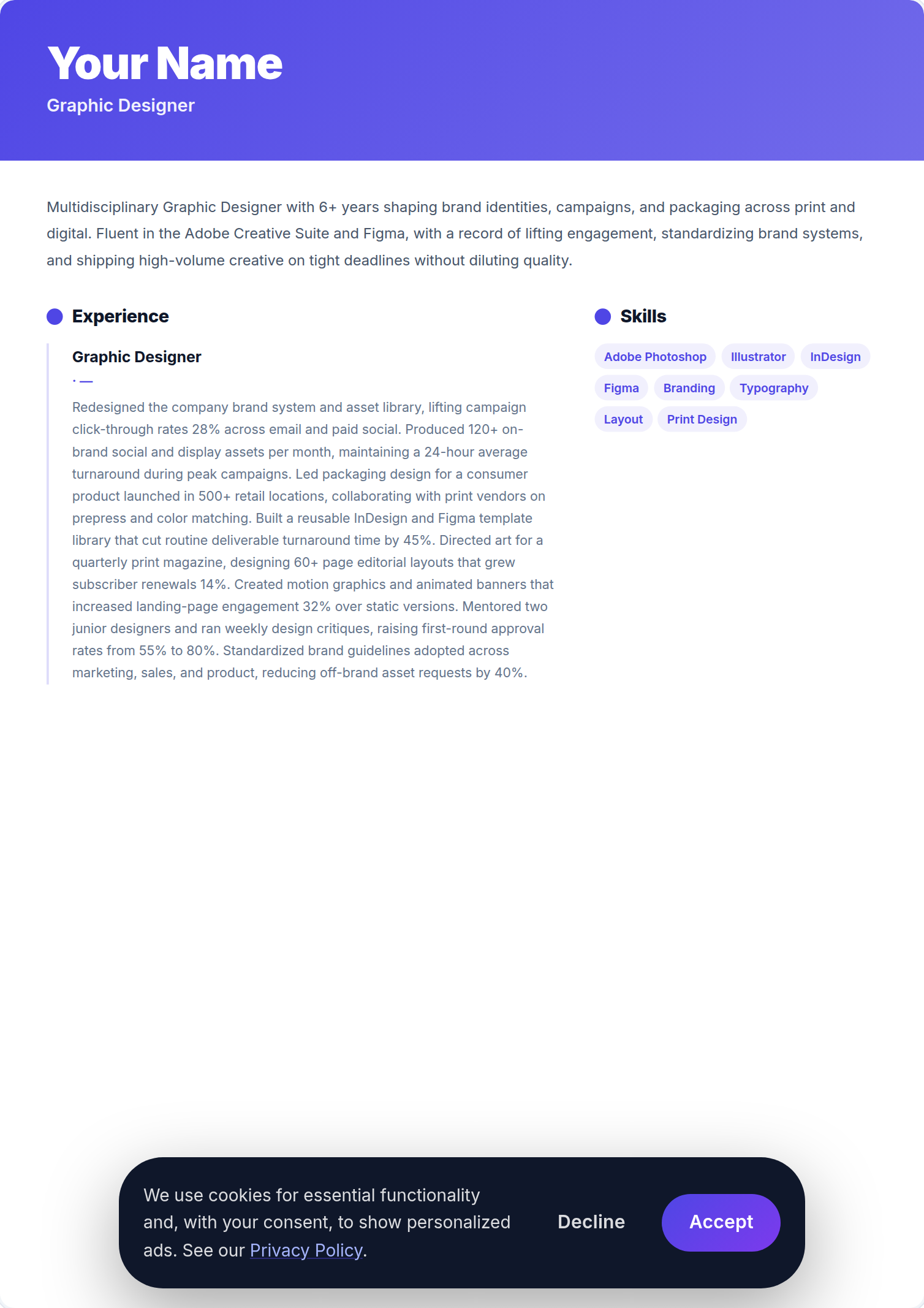 Designer Gráfico resume example — free ATS-friendly template (2026)