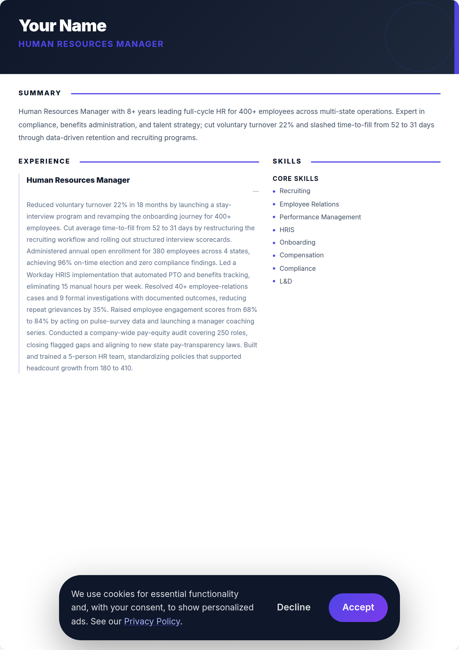 Gestor de Recursos Humanos resume example — free ATS-friendly template (2026)