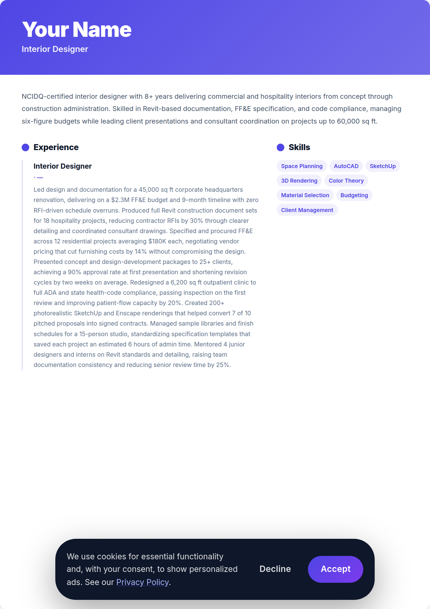 Designer de Interiores resume example — free ATS-friendly template (2026)
