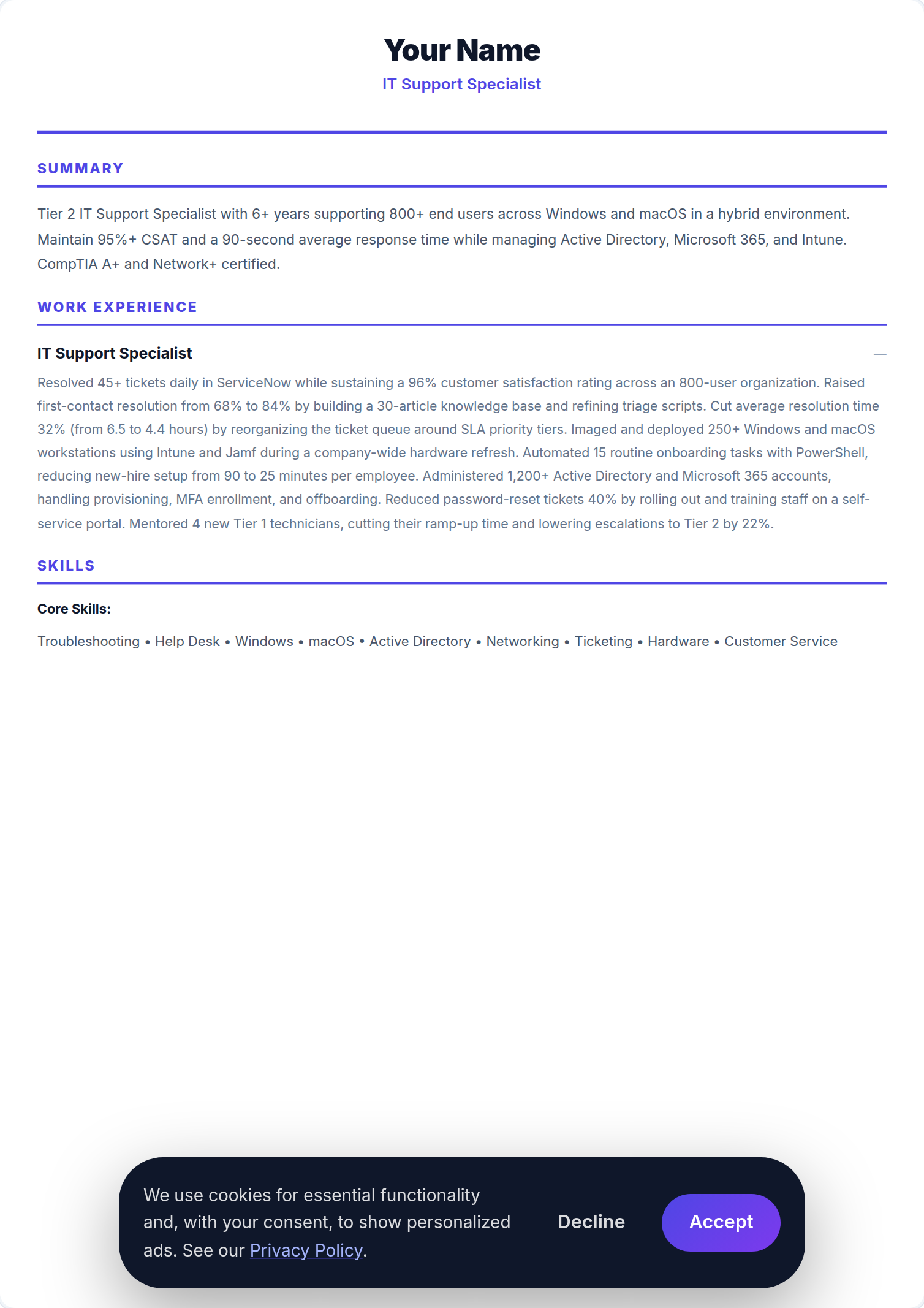 Especialista de Suporte Informático resume example — free ATS-friendly template (2026)
