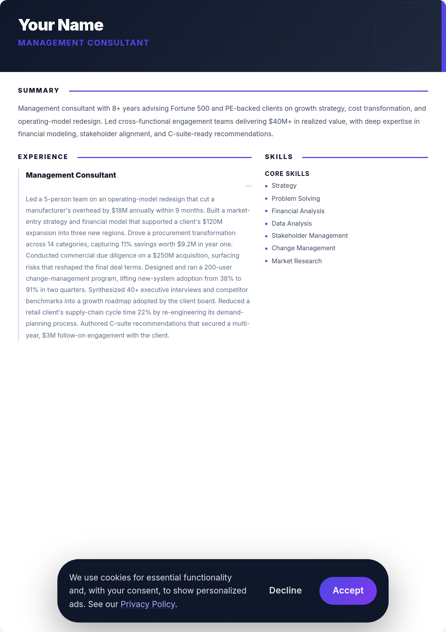 Consultor de Gestão resume example — free ATS-friendly template (2026)