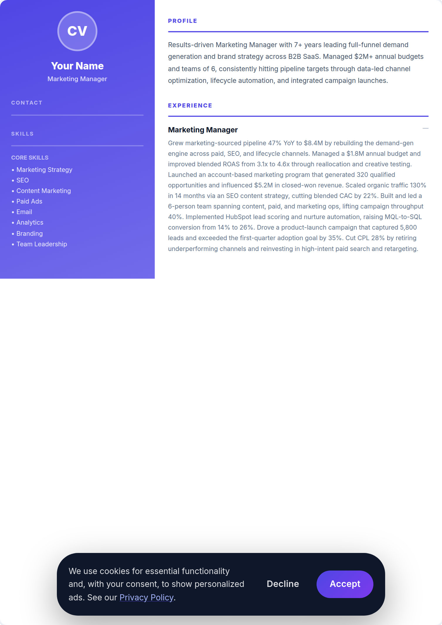 Gestor de Marketing resume example — free ATS-friendly template (2026)