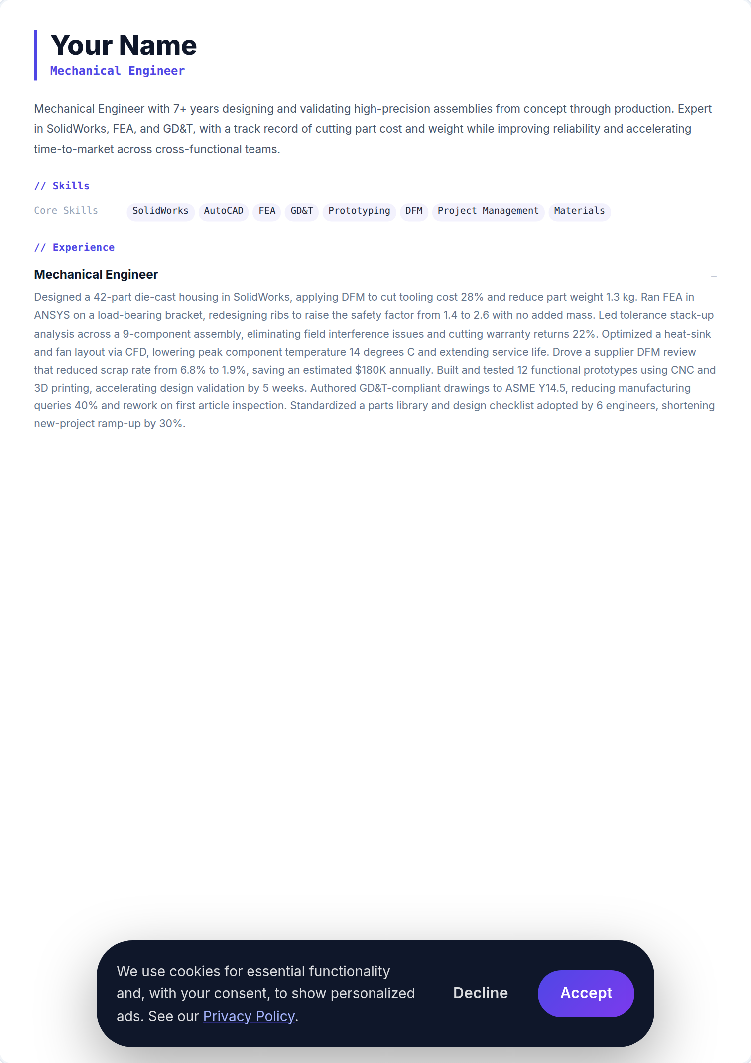 Engenheiro Mecânico resume example — free ATS-friendly template (2026)