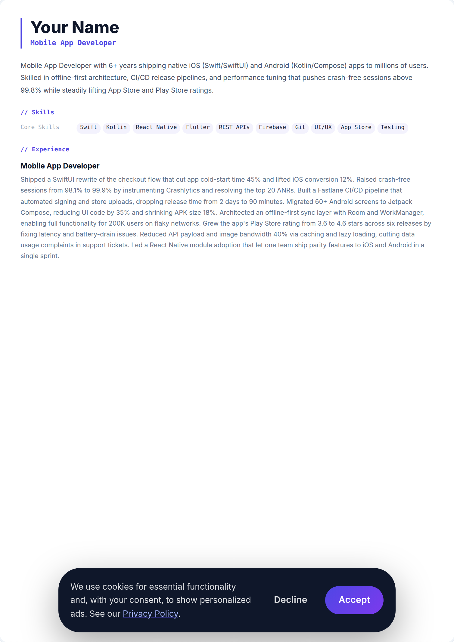 Programador de Aplicações Móveis resume example — free ATS-friendly template (2026)