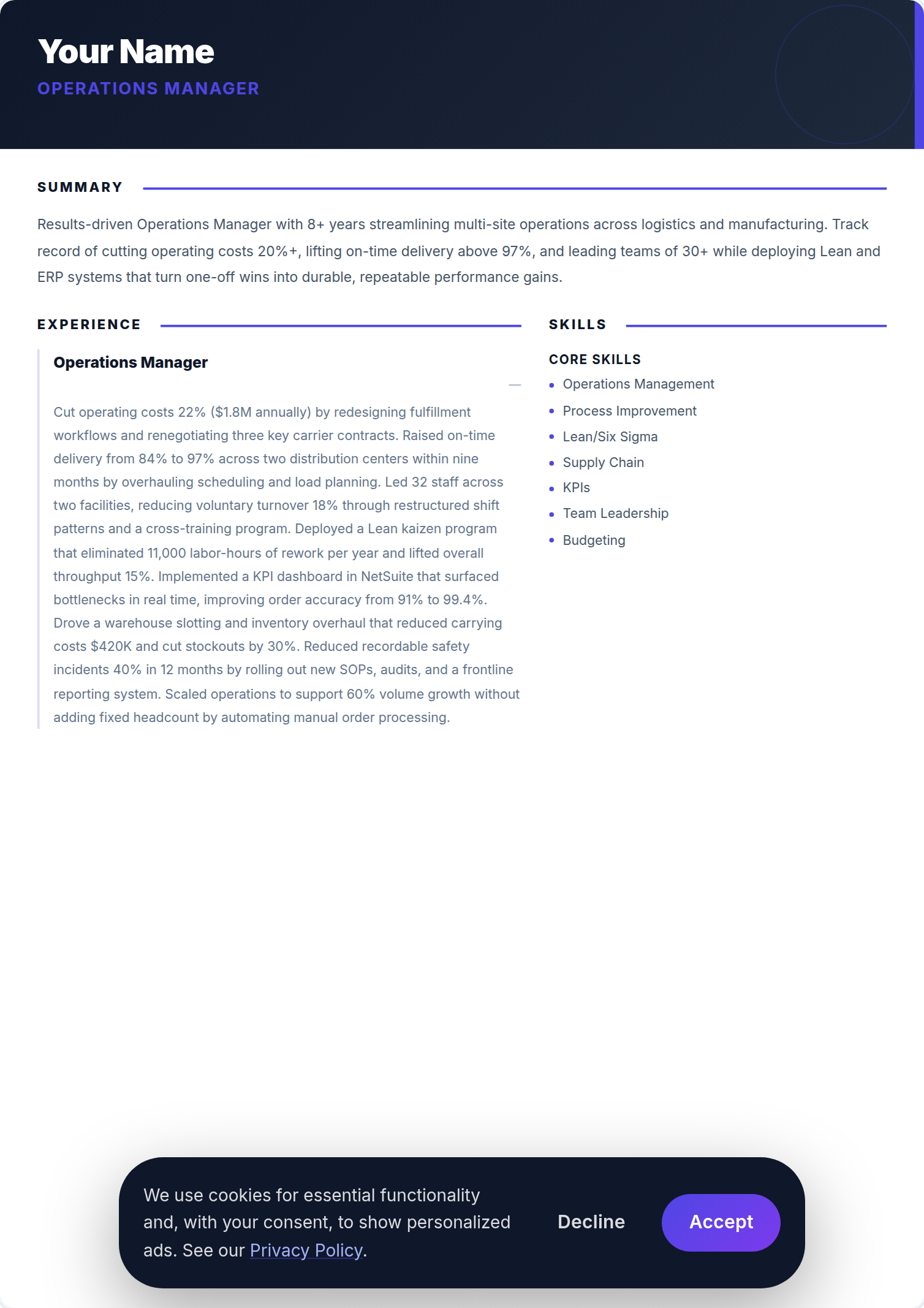 Gestor de Operações resume example — free ATS-friendly template (2026)