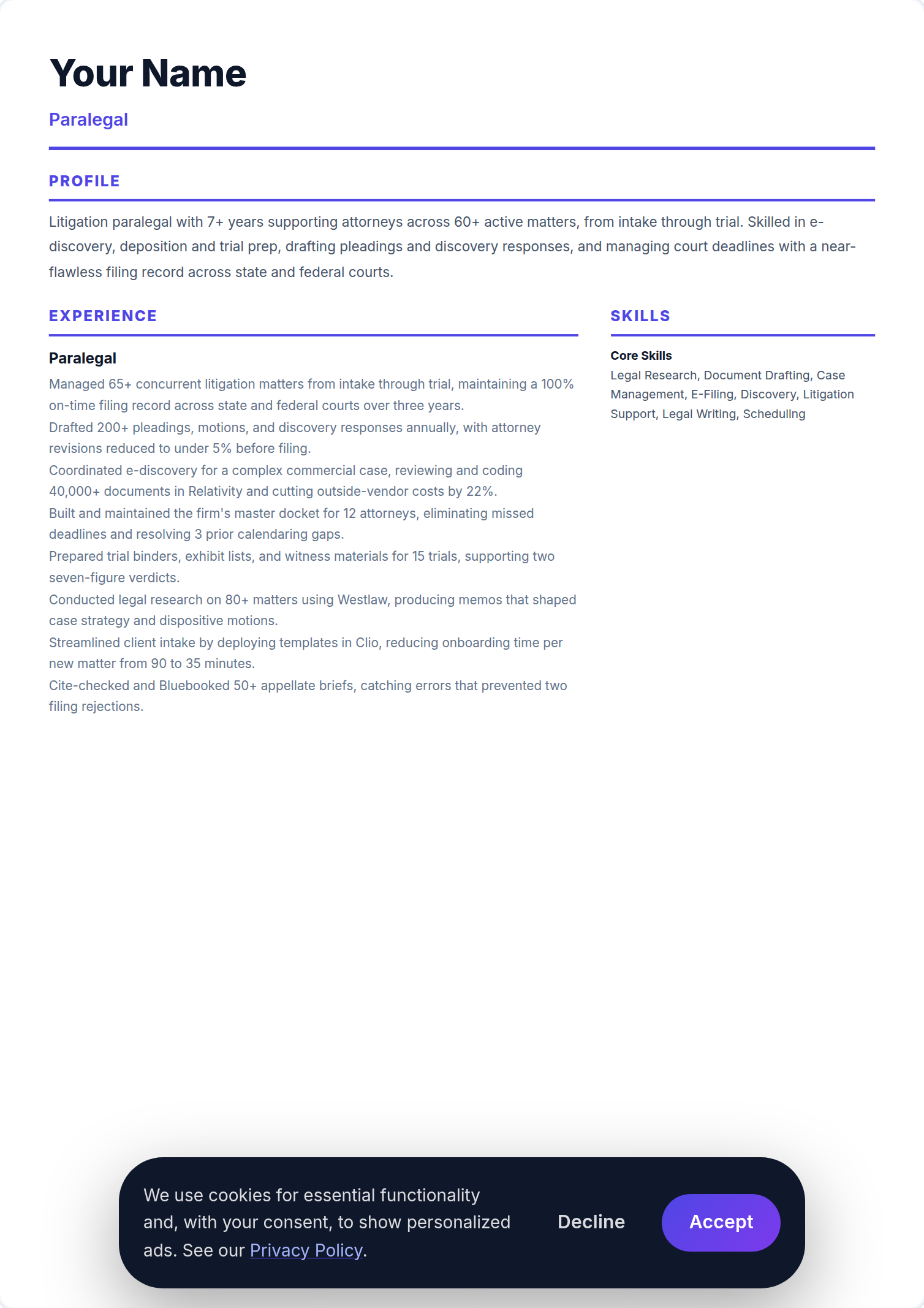 Assistente Jurídico resume example — free ATS-friendly template (2026)