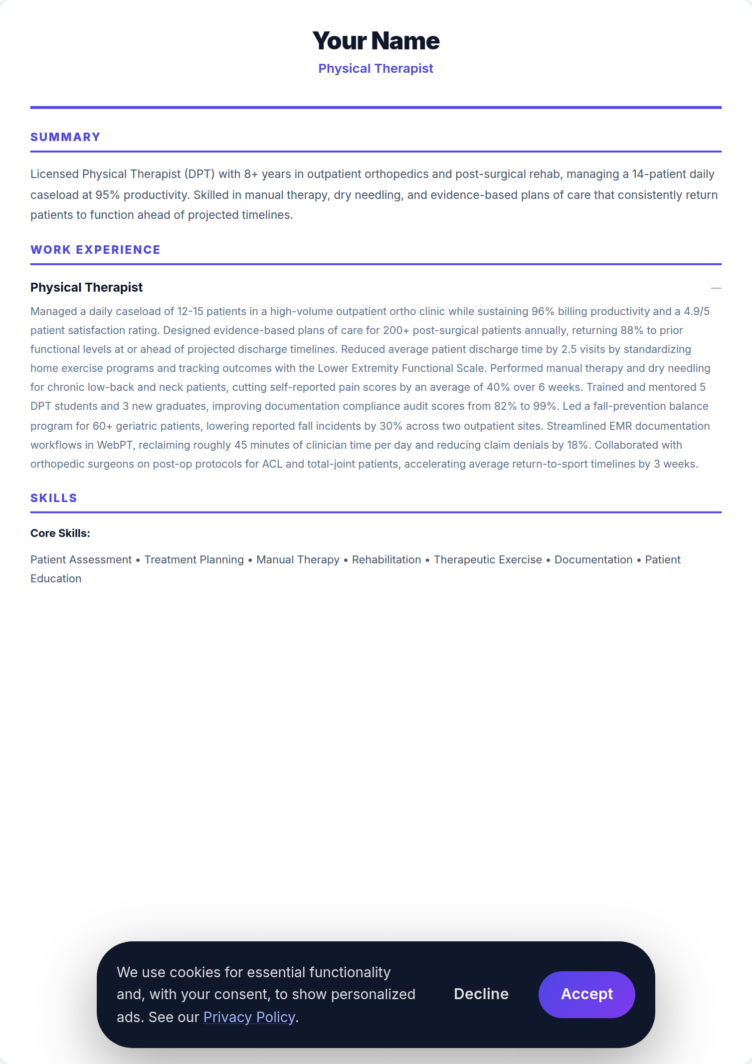 Fisioterapeuta resume example — free ATS-friendly template (2026)