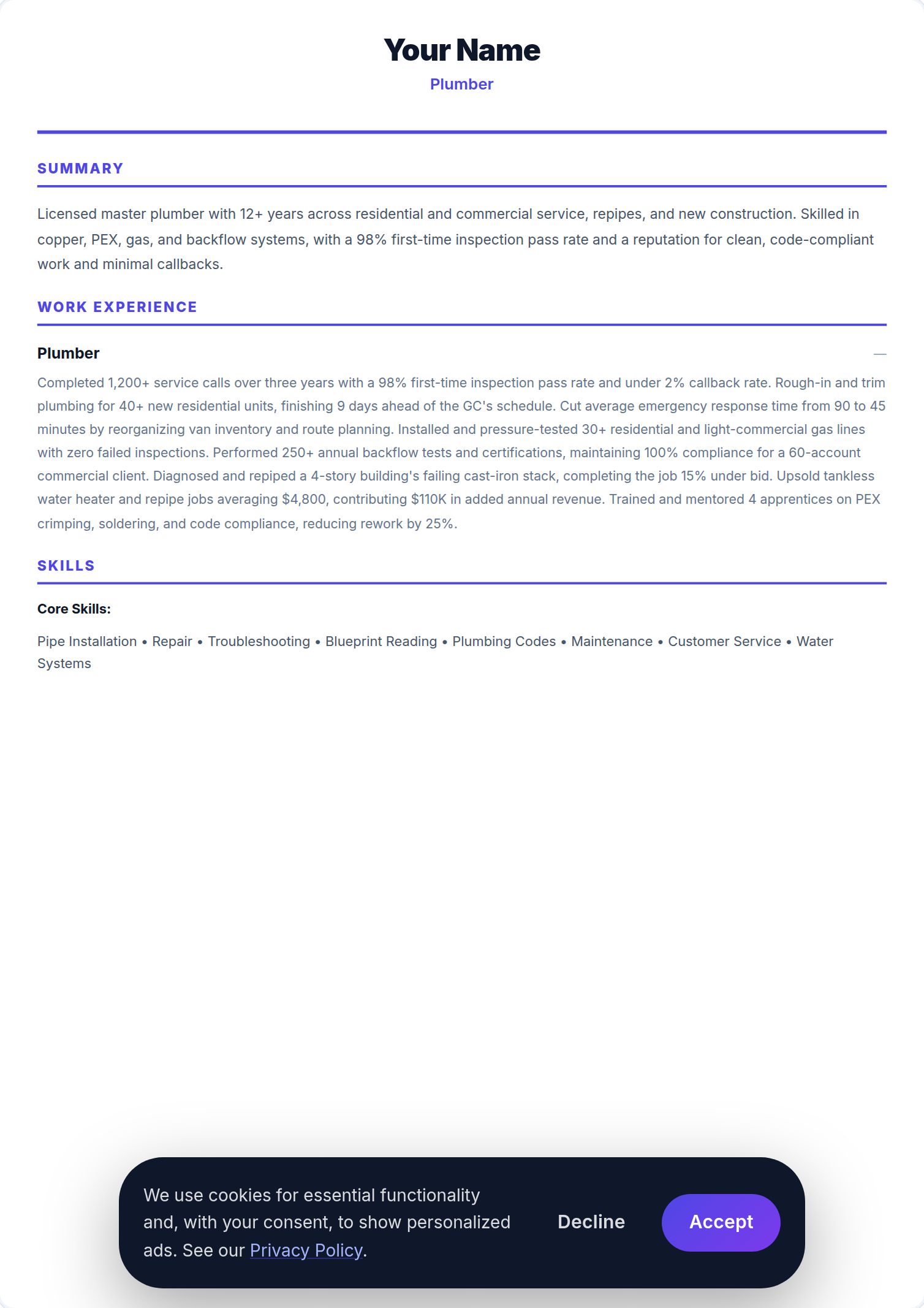 Canalizador resume example — free ATS-friendly template (2026)