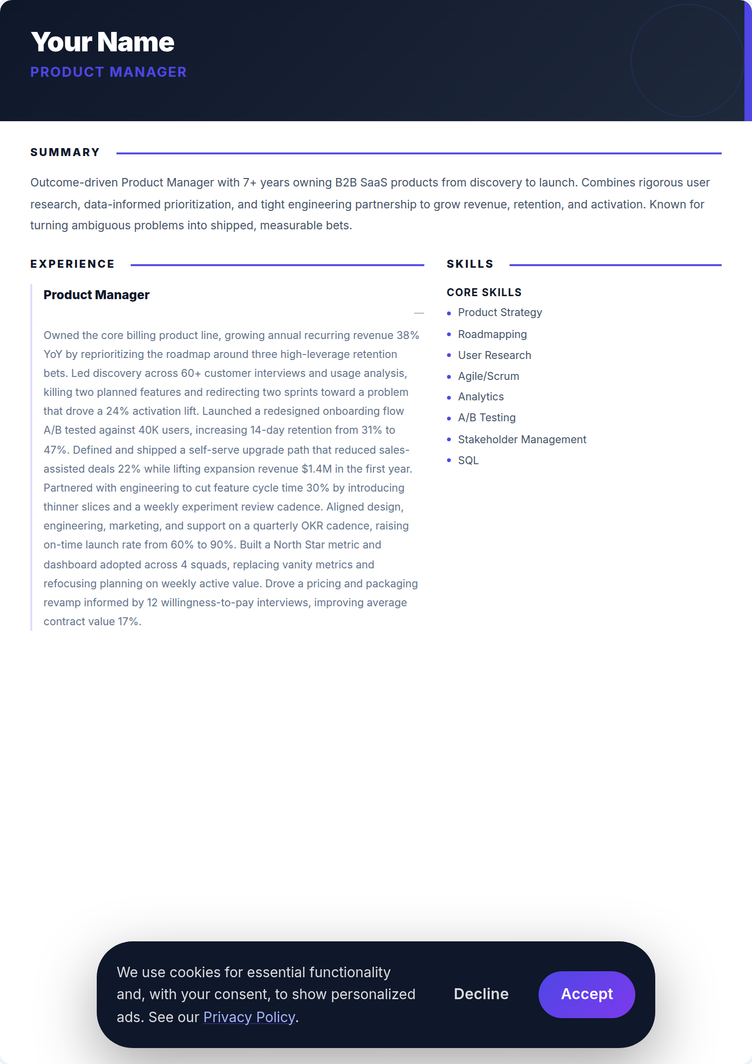 Gestor de Produto resume example — free ATS-friendly template (2026)