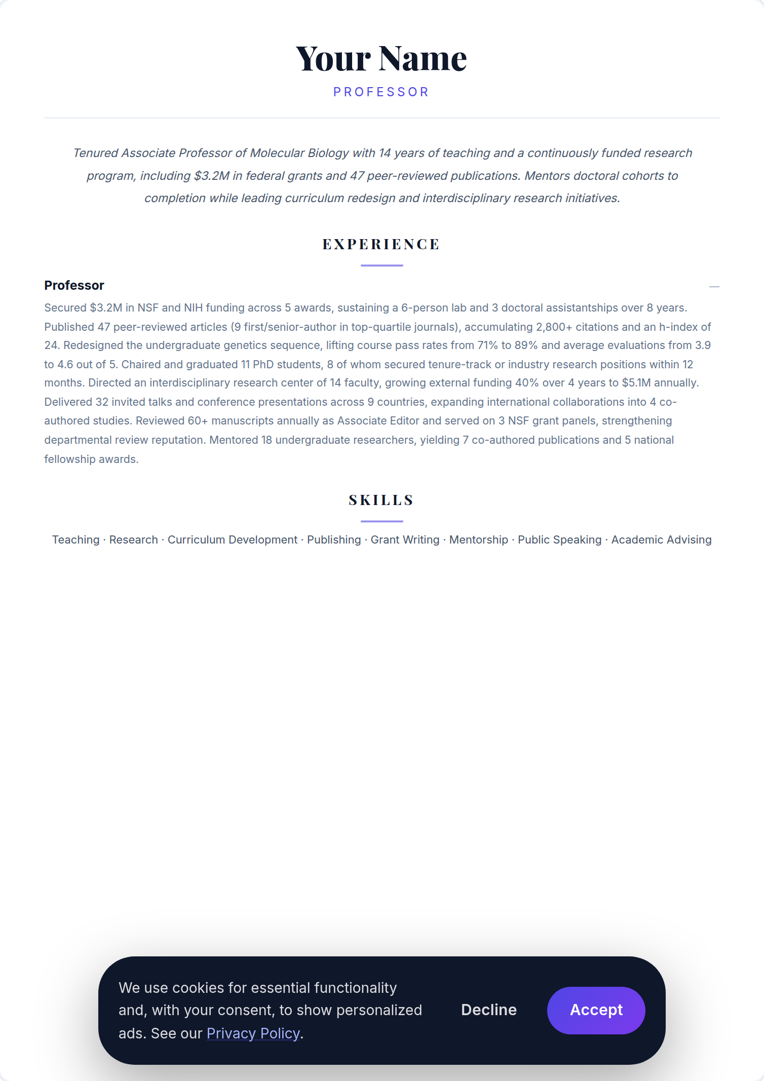 Professor Universitário resume example — free ATS-friendly template (2026)