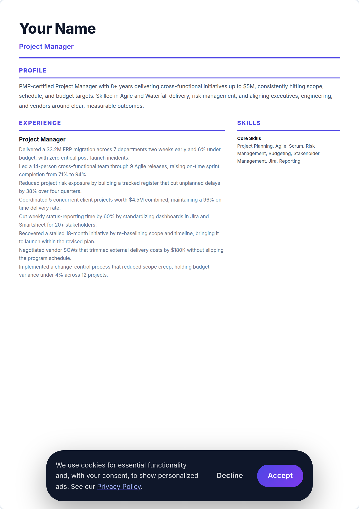 Gestor de Projetos resume example — free ATS-friendly template (2026)