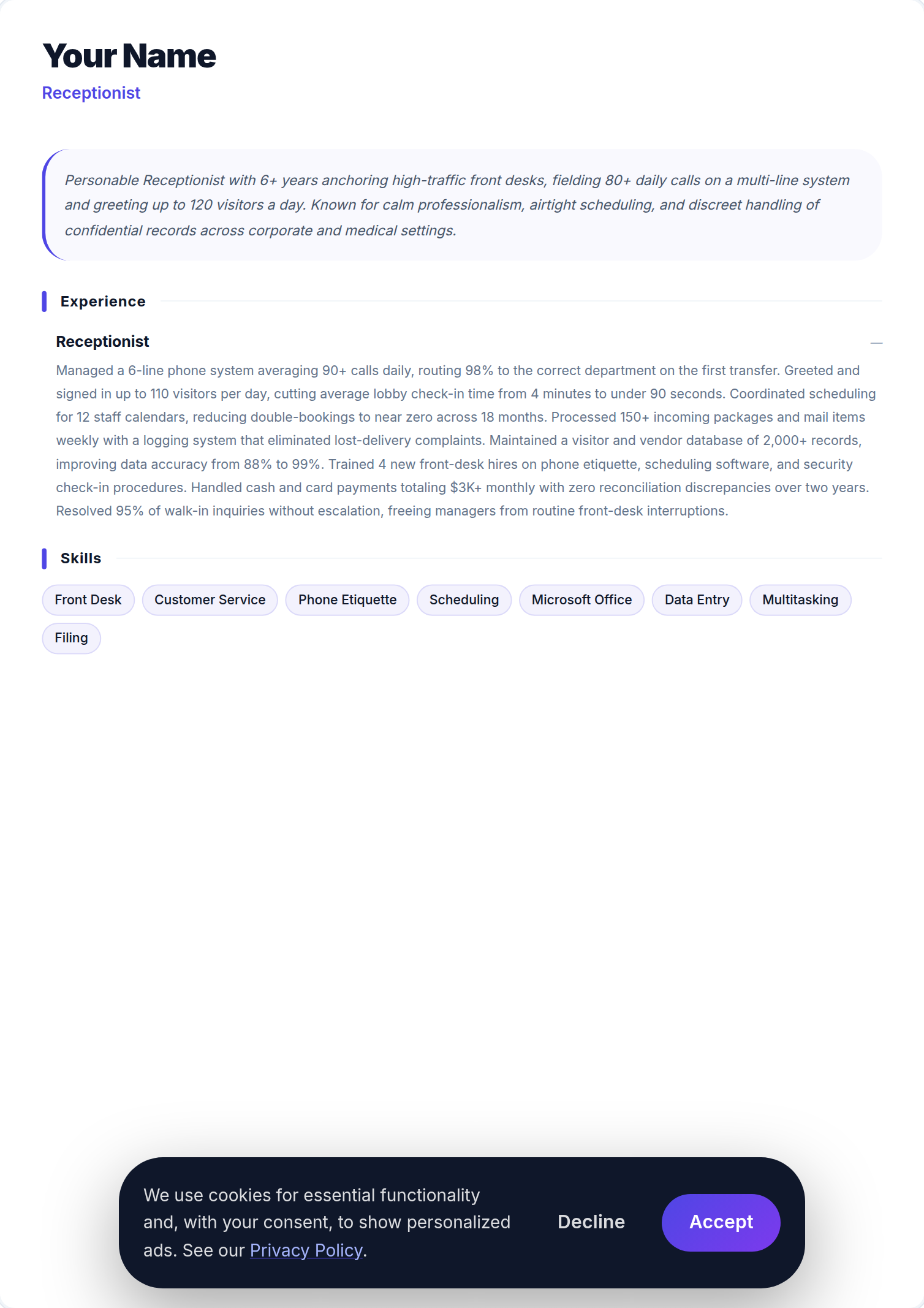 Rececionista resume example — free ATS-friendly template (2026)