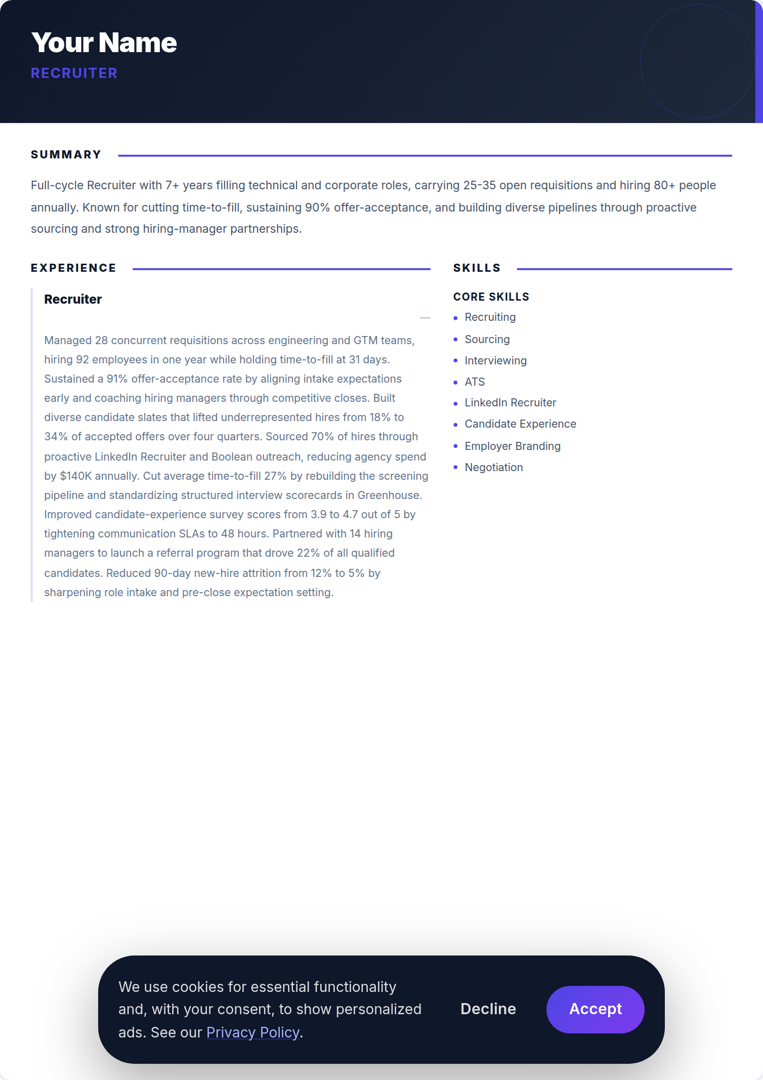Recrutador resume example — free ATS-friendly template (2026)