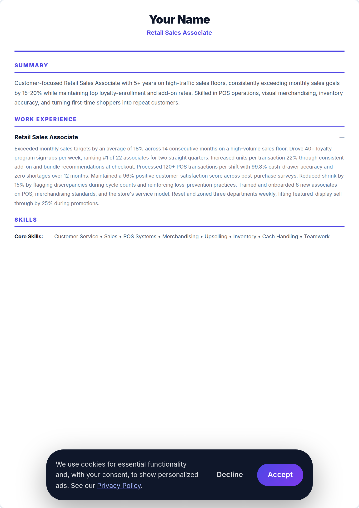 Assistente de Vendas a Retalho resume example — free ATS-friendly template (2026)