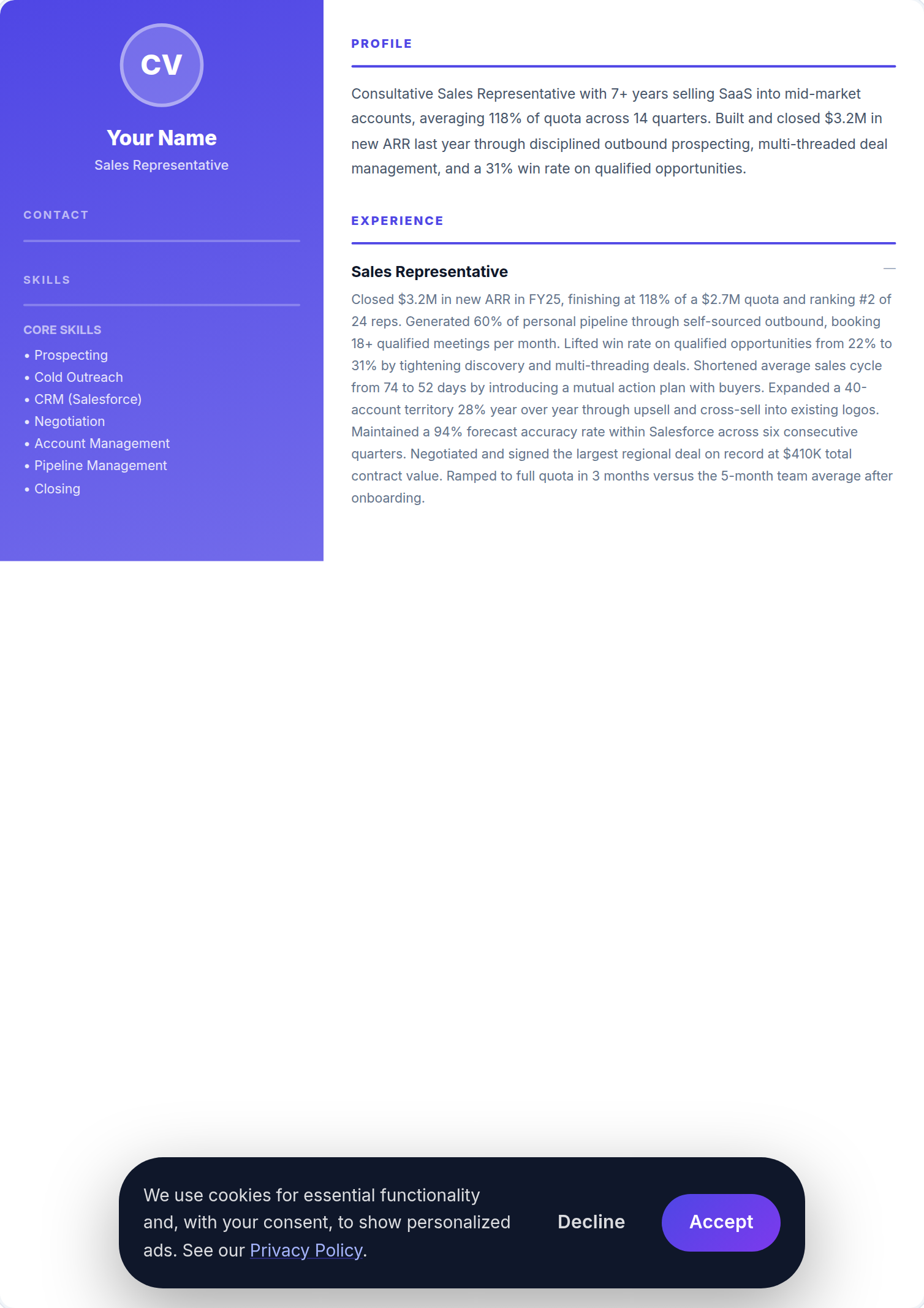 Representante de Vendas resume example — free ATS-friendly template (2026)