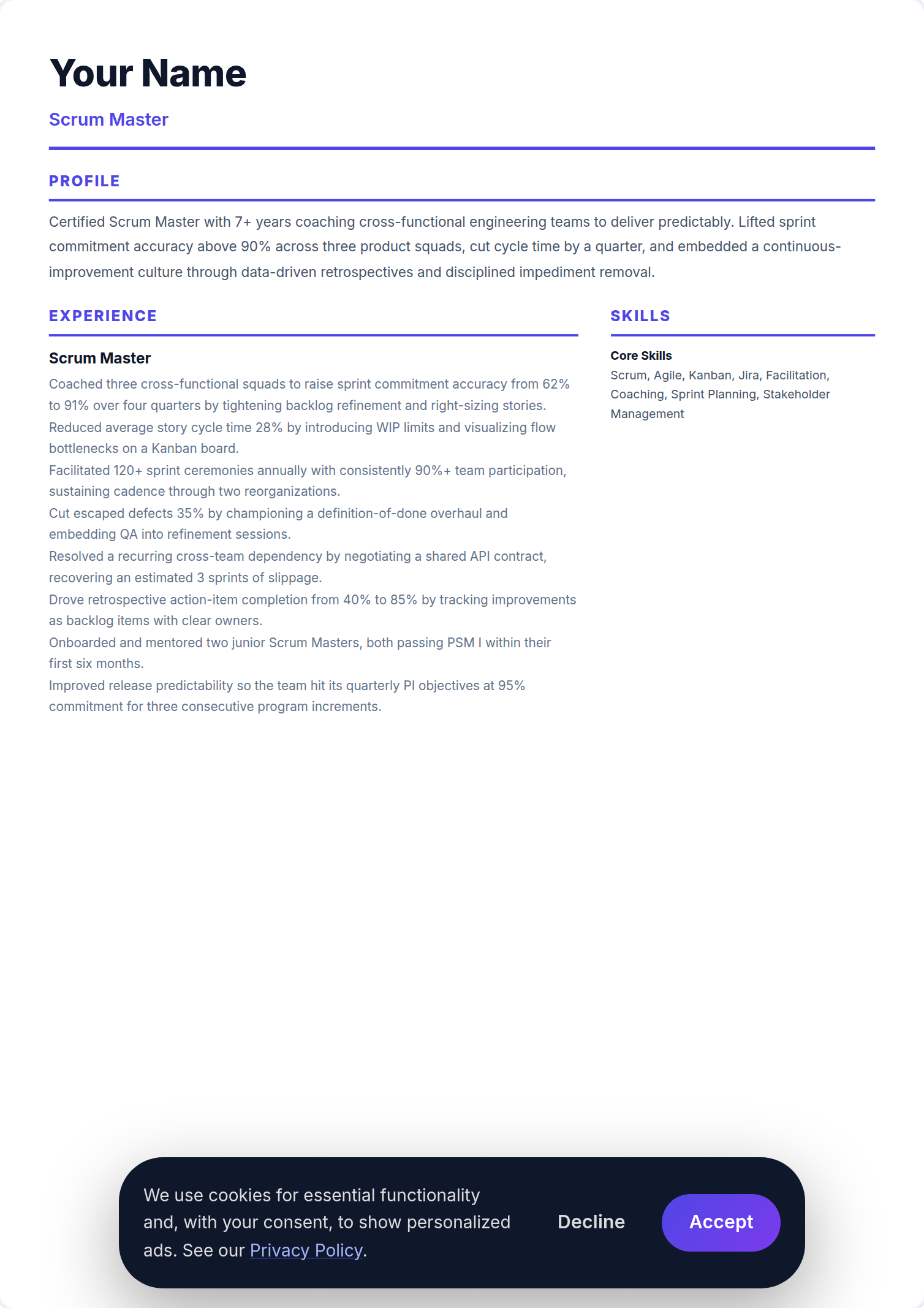 Scrum Master resume example — free ATS-friendly template (2026)