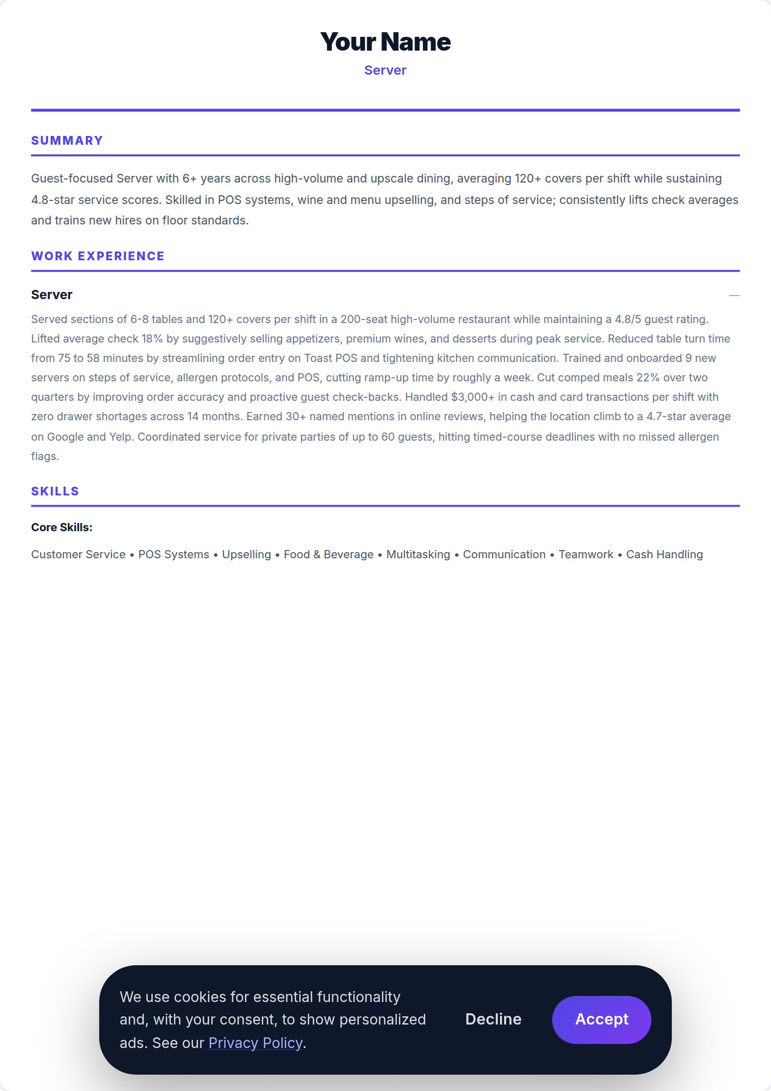 Empregado de Mesa resume example — free ATS-friendly template (2026)