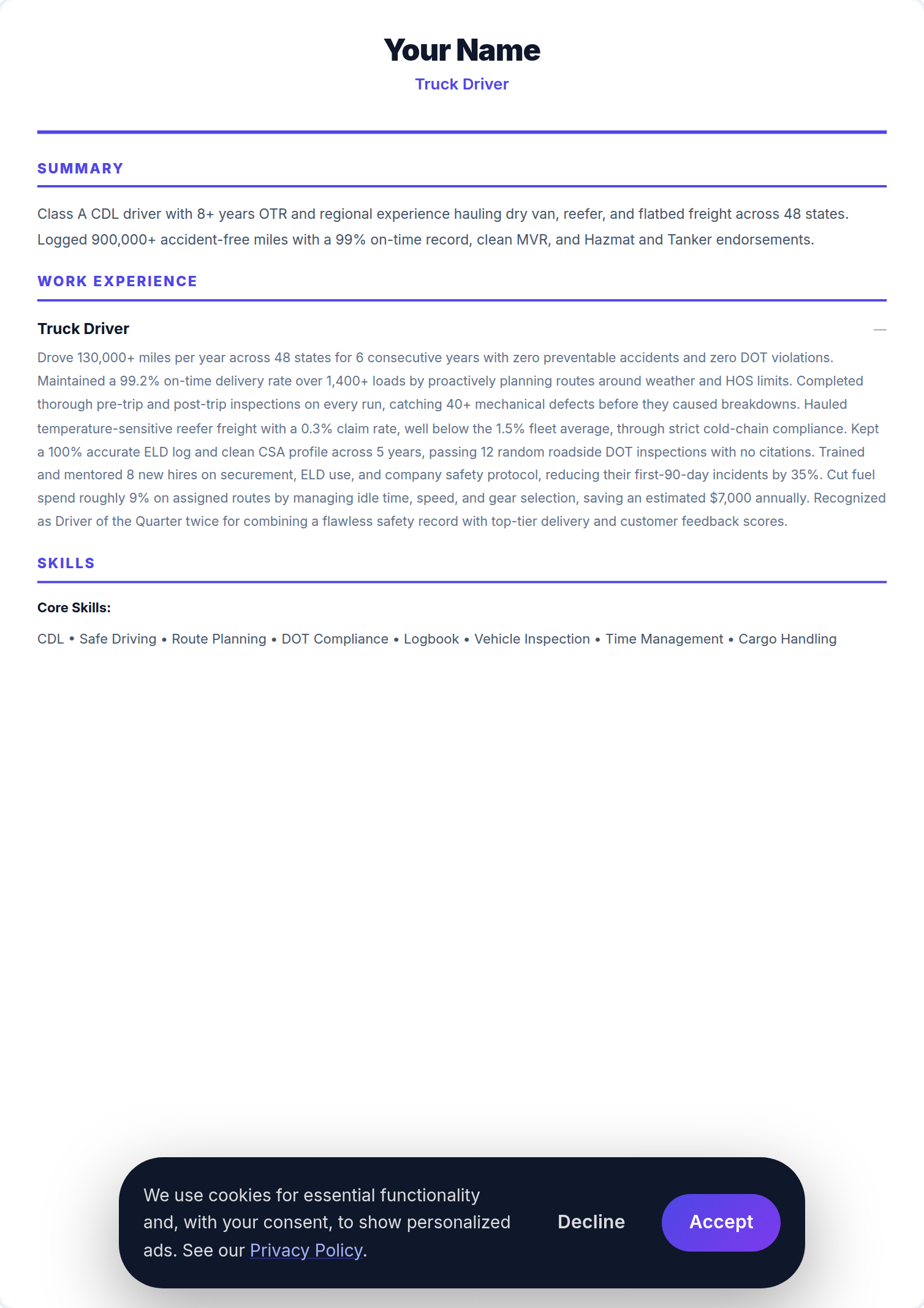 Motorista de Camião resume example — free ATS-friendly template (2026)