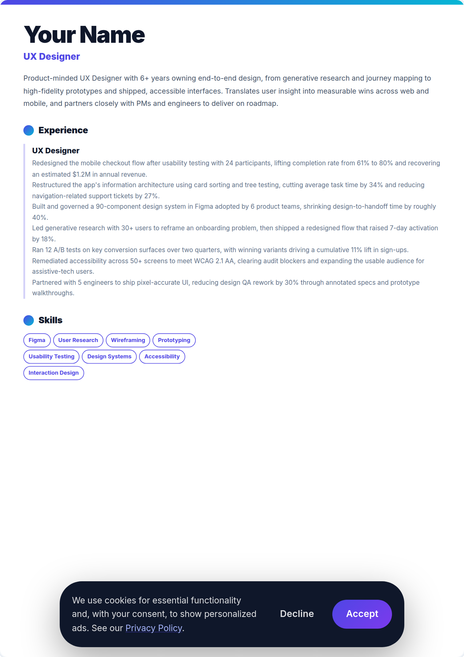 Designer de UX resume example — free ATS-friendly template (2026)