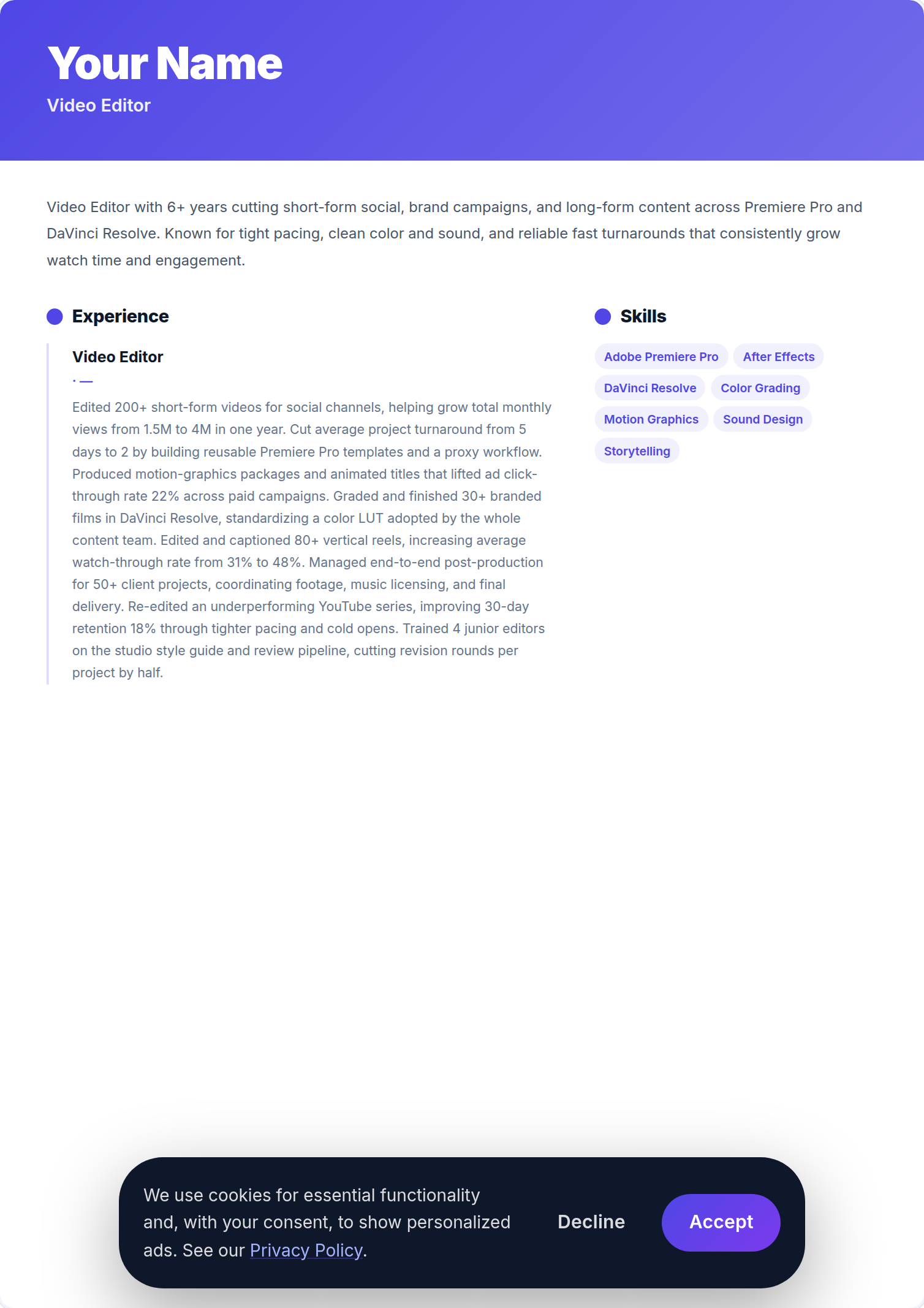 Editor de Vídeo resume example — free ATS-friendly template (2026)