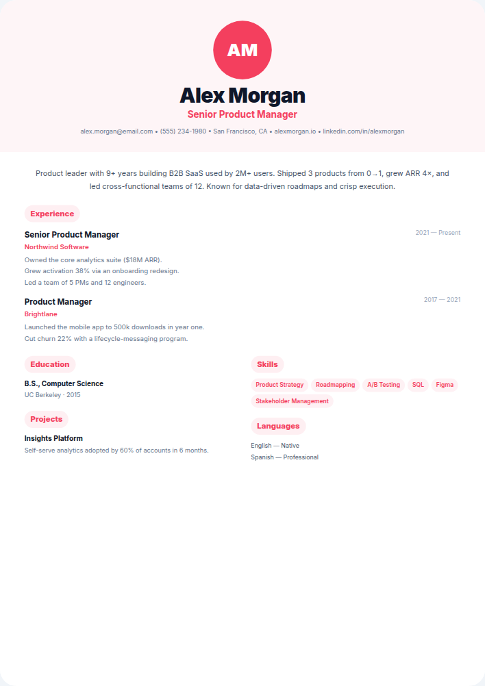 Coral resume template — free, ATS-friendly (2026)